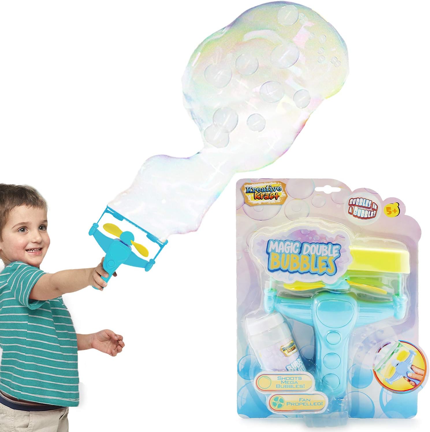 KreativeKraft Giant Bubble Magic Double Bubbles, Mega Wand, Bubble Gun, Fan Propelled Bubble-Making Toy 100ml Soapy Solution, Indoor and Outdoor Garden Games For Kids