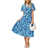 BerryGo Women's Floral Summer Short Sleeve Midi Dress V Neck Empire Waist Swing Flowy Boho Dress