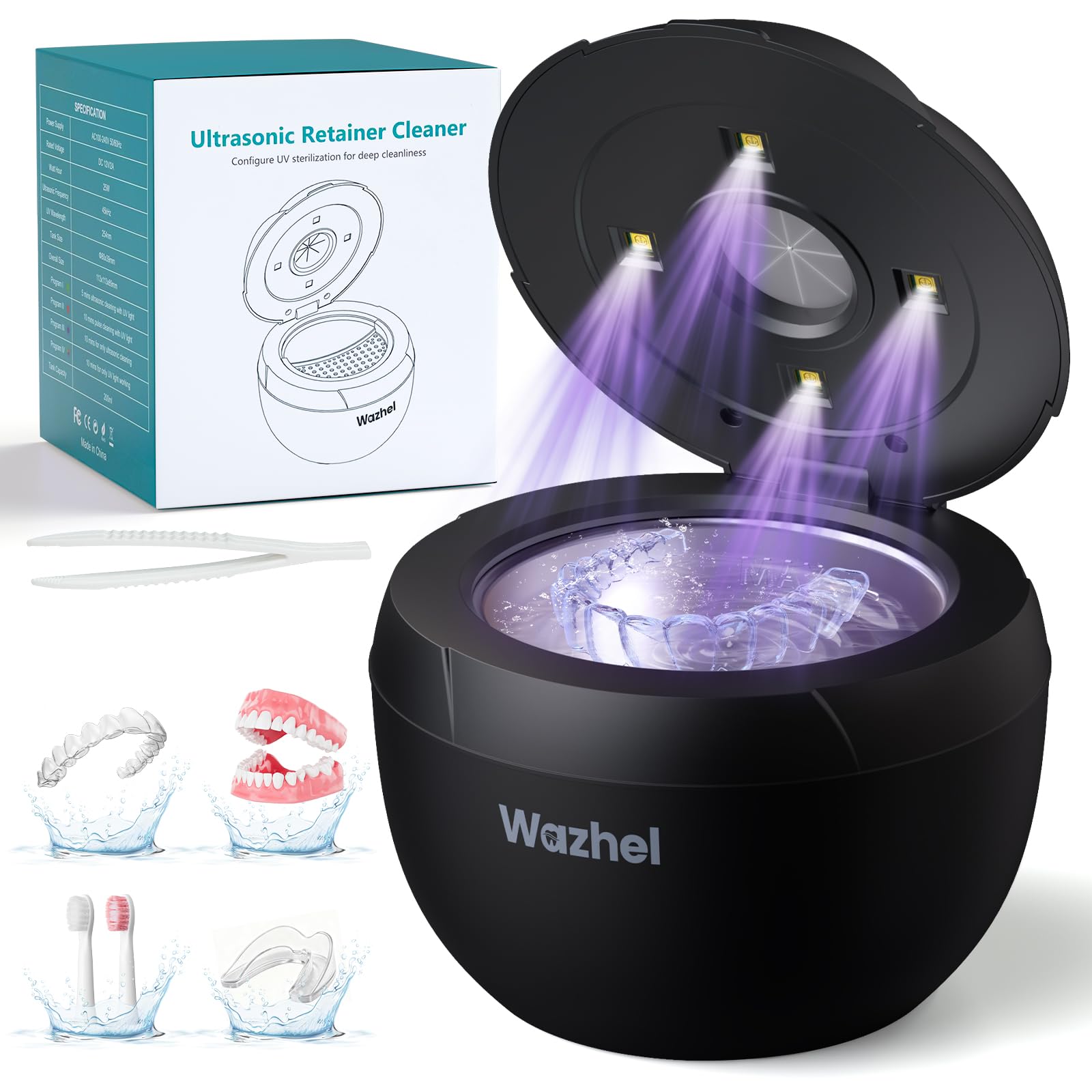 Wazhel Ultrasonic Retainer Cleaner Machine, 45kHz Dental Cleaning Pod for Denture, Mouth Guard, Night Guard, Aligner, Braces, Toothbrush, 200ML Denture Cleaner with Digital Timer & 4 Modes, Black