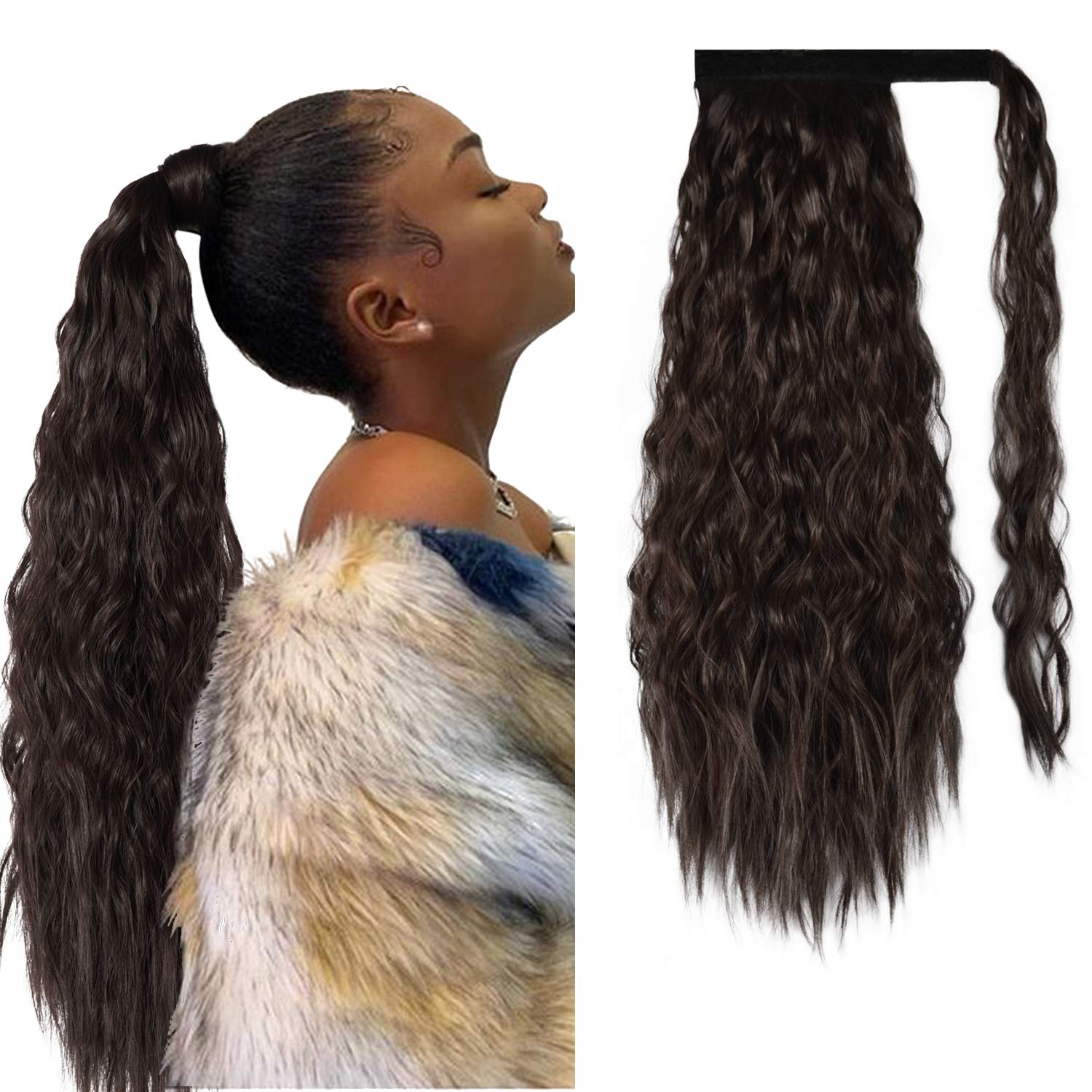Long Corn Wave Ponytail Extension, PEACOCO 20 Inch Wrap