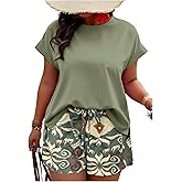 SOLY HUX Women's Plus Size 2 Piece Outfits Summer Printed Short Sleeve Blouse Tops and Shorts Set