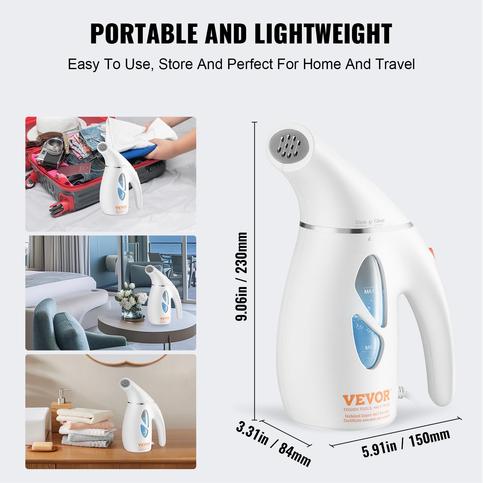 VEVOR Portable Handheld Fabric Steamer, 900W Quick Heat Steamer for Clothes, Wrinkle Remover Clothing Iron Intelligent Controller & Auto-Off & Large Detachable Water Tank, With Gloves, 240ml