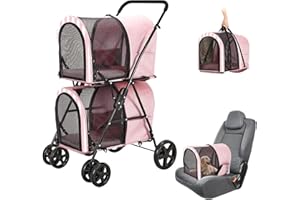 LPOTIUS Double Pet Stroller for Dogs and Cats with 2 Detachable Carrier, Quick-Folding Dog Stroller for Medium Small Dogs Cats, 4 Wheels, Light Pink