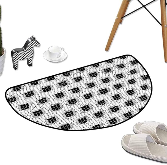 Washable Kitchen Area Rug Hand Drawn Cartoon Like Image of Building with Windows and