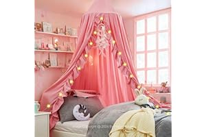 Hommi Lovvi Kids Bed Canopy, Dreamy Frills Canopy for Girls Bedroom Soft Ceiling Hanging Decoration Princess Canopy Net Reading Nook, Extra Large Full Size Bed Canopies with Light - Pink
