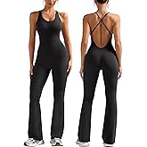 Relety Womens Flare Workout Jumpsuits Scoop Neck Strappy Backless Tummy Control One Piece Yoga Gym Leggings Padded Rompers