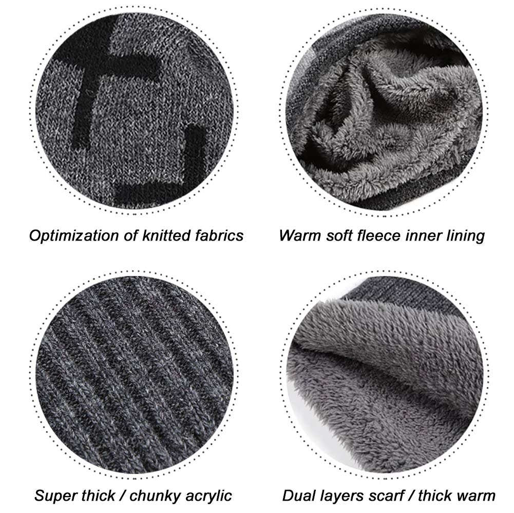 Winter Beanie Hat Scarf Set Thick Soft Lightweight Knit Skull Cap Men Women Nap Cloth Ski Outdoor Sports (Gray&Balck)