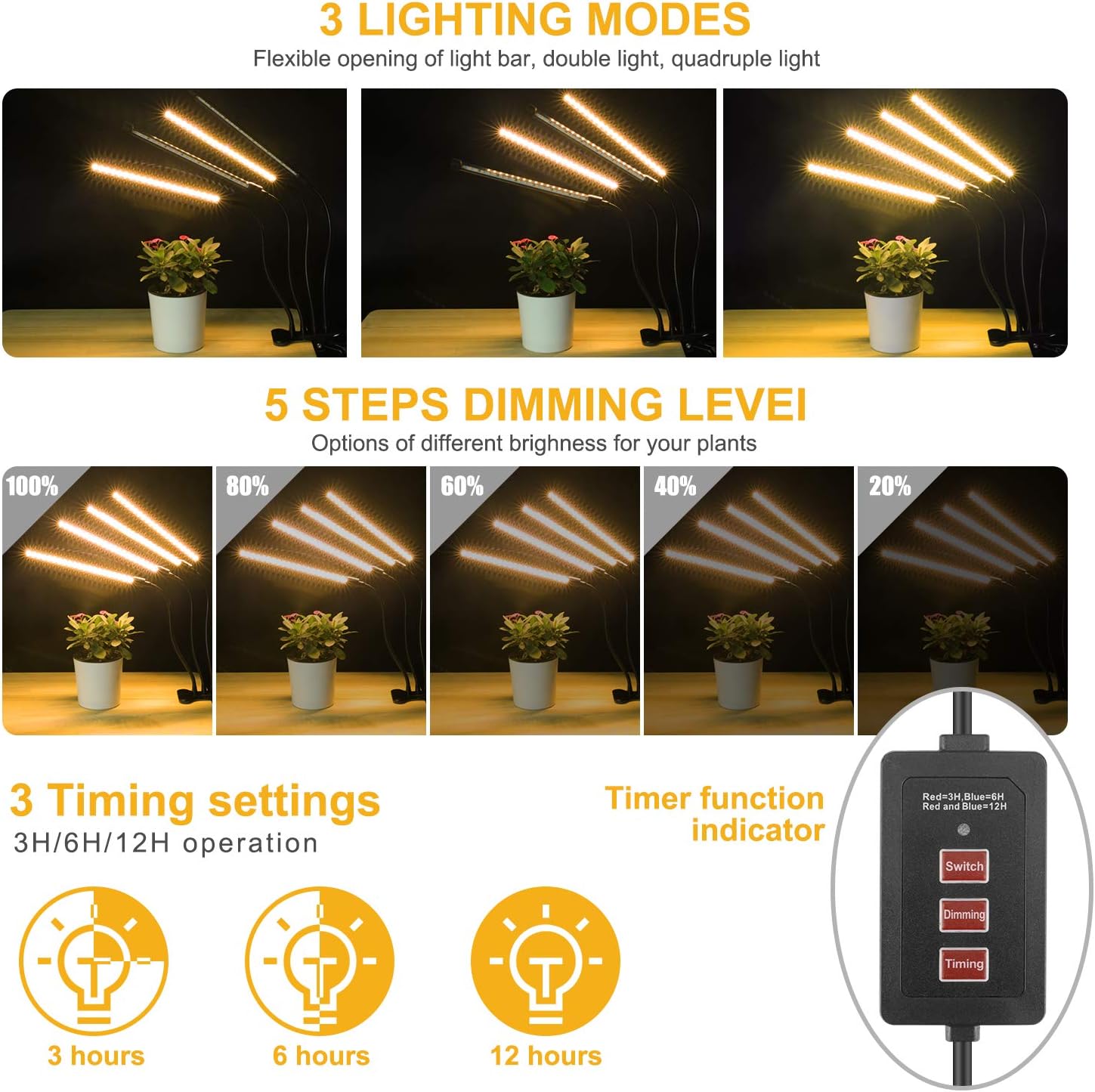 EZORKAS LED Growth Light,80W Four Head Timing,5 Dimmable Levels, Plant Grow Light for Indoor Plant with Full Spectrum,Adjustable Goosencck, 3、6/12H Timer, 3 Switch Modes: Home Improvement