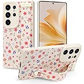 Jefonha Case for Samsung Galaxy S25 Ultra 6.9 inch 2025 Released, Silicone Case with Strap for Women Girls Cute Floral Flowers Adjustable Wristband Kicktand Cover for S25 Ultra, Beige Floral