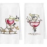 ChenCraty Christmas Snowman Wine Kitchen Towels, Gifts for Wine Lovers Dish Tea Towel for Kitchen Decor, Funny Xmas Snowman Sleigh Decorative Hand Towels for Bar Cart, 16x24 Inches Set of 2