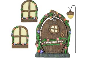 MEETYAMOR Miniature Fairy Garden Accessories, 4 PCS Opening Fairy Door and Windows with Light for Trees, Glow in The Dark Yard Art Outdoor Statues Fairy House Kit Garden Decor for Outside
