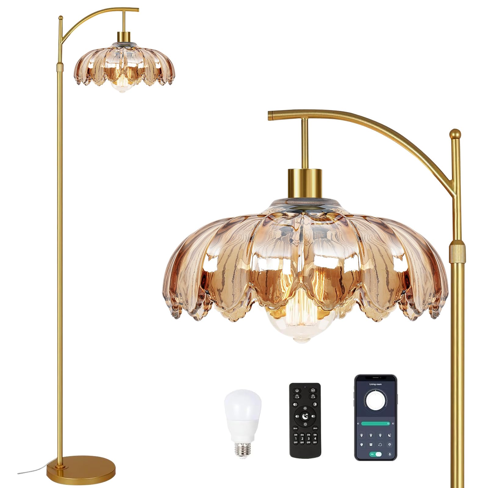 Photo 1 of ILLMTW Gold Floor Lamp for Living Room,Bedroom,Mid Century Modern Standing Lamp with Remote,Dimmable Brass Tall Lamp Amber Glass Lamp Vintage Retro Arc Floor Lamps Flower Floor Light Boho Bohemian