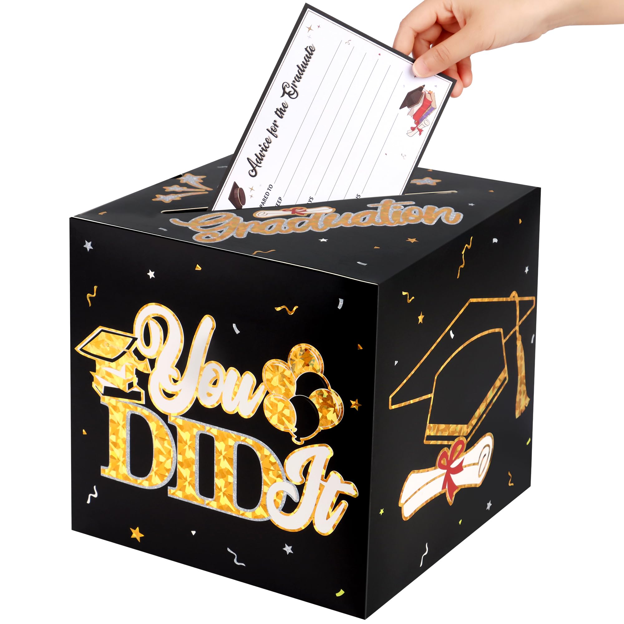 Photo 1 of POPGIFTU Graduation Card Box Holder with 30 Graduation Advice Cards, Black Congrats Grad Cardboard Box & Wishes Cards for High School or College Graduation Party Games Decorations Supplies