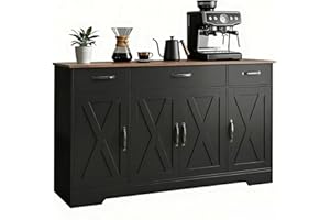 HOMCOM Sideboard Buffet Cabinet, 55" Farmhouse Kitchen Storage Cabinet with 4 Barn Doors, 3 Drawers, 3 Adjustable Shelves, Co