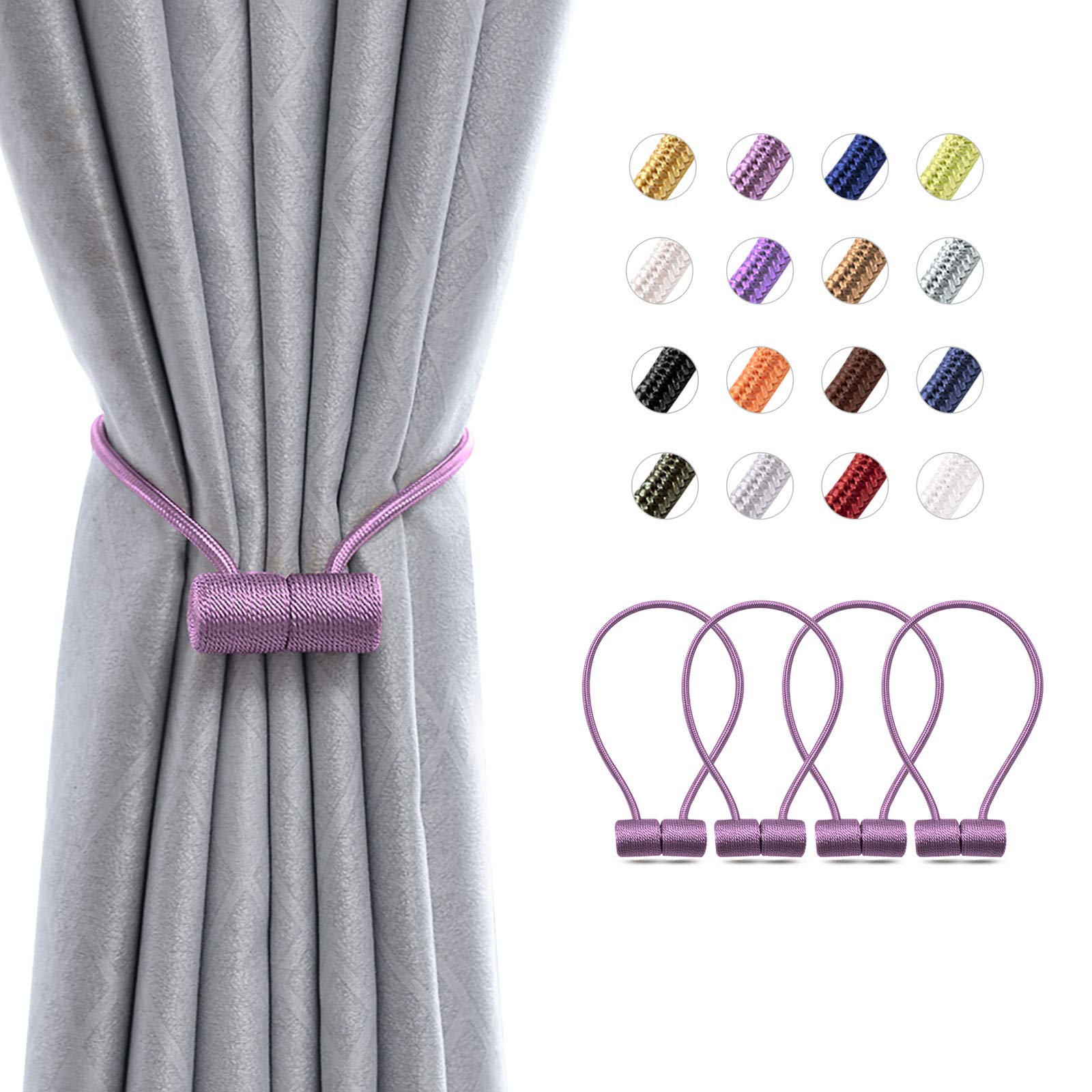 Pretty Jolly 4 Pack Magnetic Curtain Tiebacks 16 Inch Modern Handmade Weave Rope Curtain Holdbacks Convenient Decorative Curtain Drape Tie Backs for Home and Office Window Drapery (Purple)