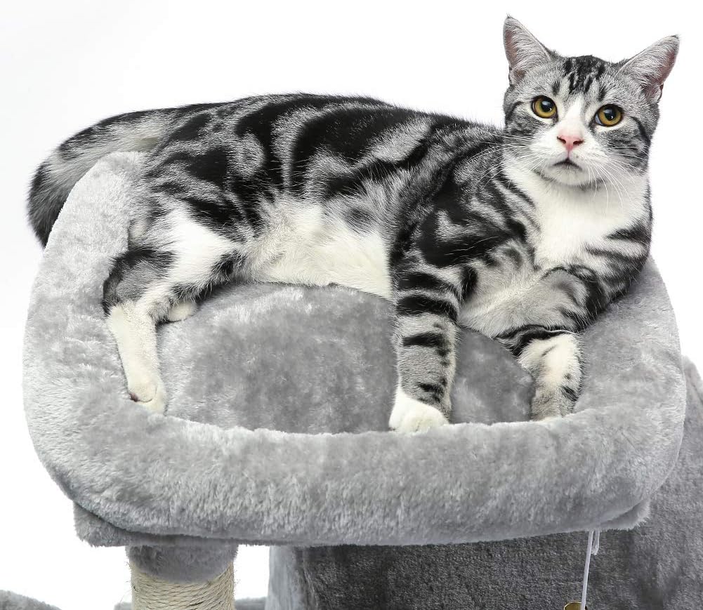 SUPERJARE Cat Tree with Plush Perch & Dangling Balls, Activity Kitten Centre Tower Equipped with Basket, Scratching Posts and Plush Condos - Gray : Pet Supplies