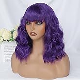 MINLEE Dark Purple Wig with Bangs for Women 14 Inch Short Bob Wavy Curly Wig Purple Hair Wigs Heat Resistant Synthetic Wigs