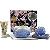 Matcha Whisk Set, 8 Pcs Matcha Set Includes Bowl with Spout, Whisk and Holder, Bamboo Scoop and Holder, Sifter and Tea Towel - Matcha Kit Gift for Lovers Beginners (Blue)