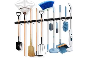 Voolan 2 Pack Mop and Broom Holder Wall Mount - Stainless Steel Heavy Duty Garden Tool Organizer, Self Adhesive Garage Organization and Storage Utility Rack (5 Racks and 4 Hooks, Black)