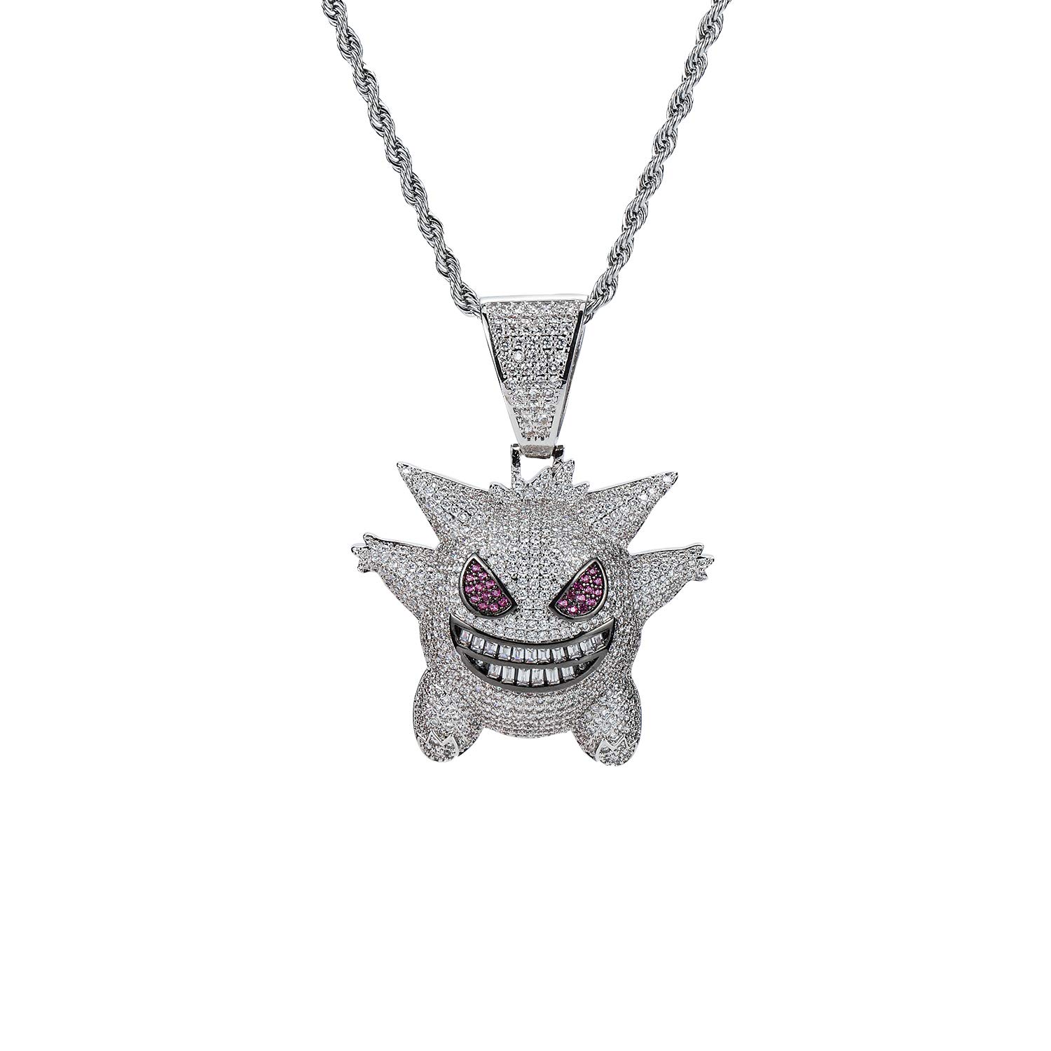MTCLFTOO Hip Hop Gengar Pendant Jewelry Unisex Iced Out Necklace with Rope Chain+Mala Beads Bracelet Gift for Men Women-(Silver)