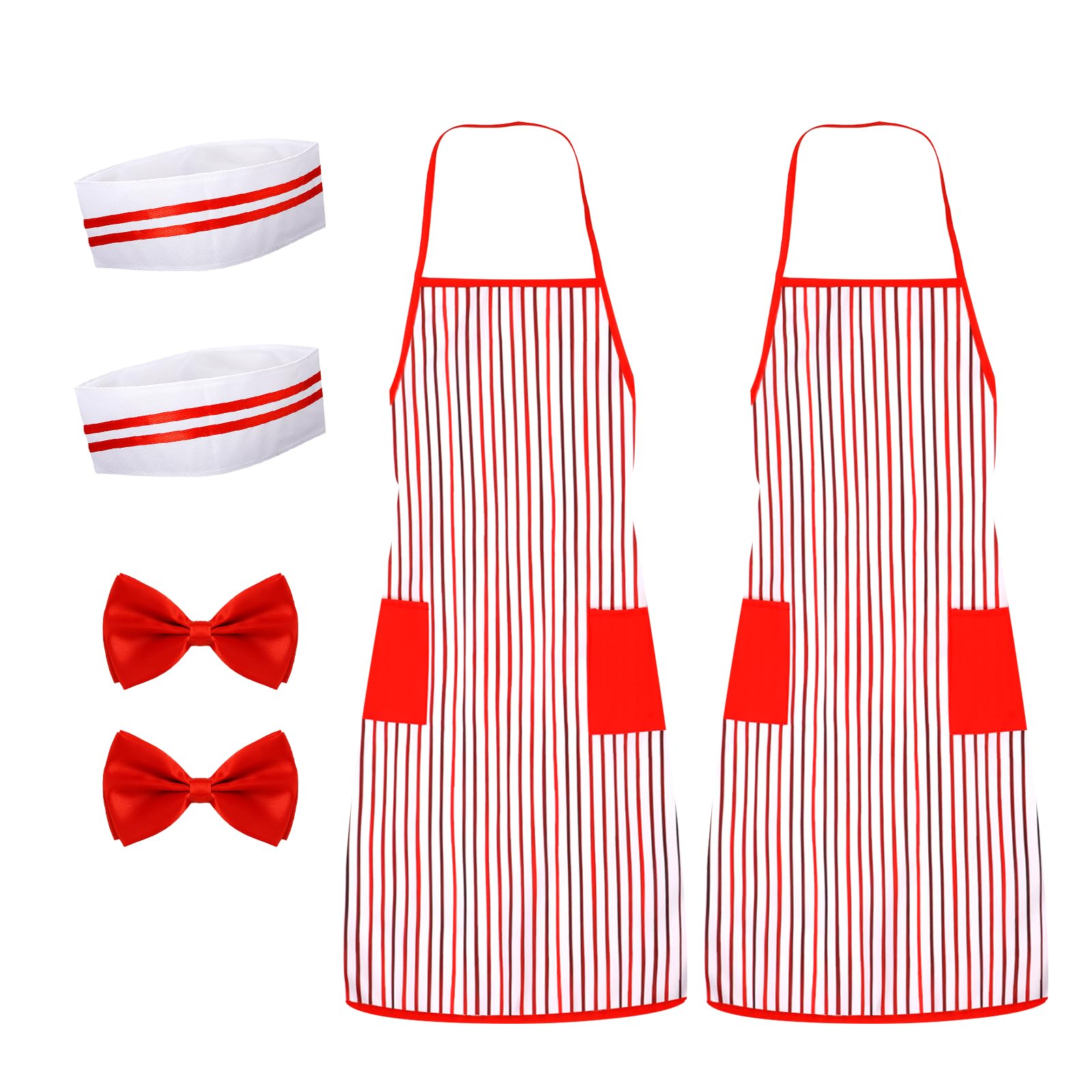 Mikovivi 6pcs 1950s Restaurant Waiter Costume Kit, Red White Striped Apron, Chef Hat, Red Bow Tie, Candyman Striper, Popcorn Server, Carnival Waitress, Soda Jerk for Adult Cosplay Party