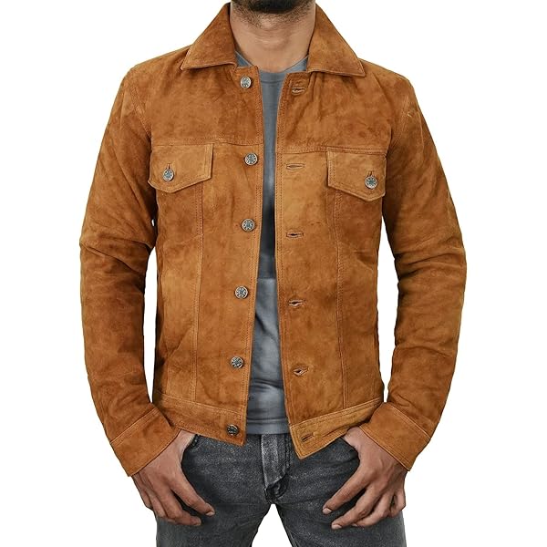 Mens Real Suede Leather Brown Trucker Denim Style Biker