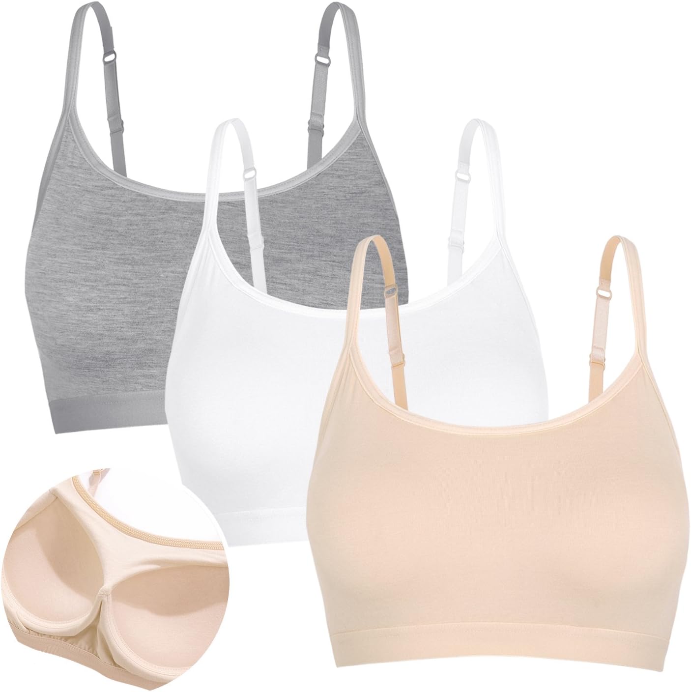Mini Camisole Crop Top Wirefree Bra Padded Strap Cami Bra Strappy Top Vest Sports Bra Short Bralette for Yoga 3 Pack White Black Grey Beige