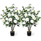 Artificial Camellia Tree 2 Pack 42" Faux Camellia Plant in Pot with 32 Blooming Flowers Fake Flower Tree Greenery Potted Plant for Indoor Outdoor Office Home Porch Decor White