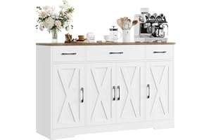 HOSTACK Buffet Cabinet with Drawers, 55" Large Sideboard Buffet Storage Cabinet with Shelves and Doors, Modern Farmhouse Coffee Bar Station Wood Kitchen Table for Kitchen, Dining Room, White/Rustic