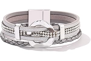 FANCY SHINY Leather Cuff Bracelet Circle Rhinestone Wrap Bracelet Stackable Multi Layer Wristband with Clasp Boho Jewelry Gift for Women