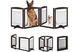4NM No-Assembly Folding 96" Extra Wide 30" Tall Wooden Dog Gate with Door Walk Through, Freestanding Wire Pet Gate, Accordion Puppy Gate, with 2PCS Support - Espresso