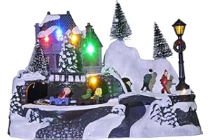 MerryPulse Christmas Village Houses - Colorful Animated Scenes with Rotating Roller Coaster & Skater, Musical Christmas Village Display Collectible Building for Xmas Indoor Decoration