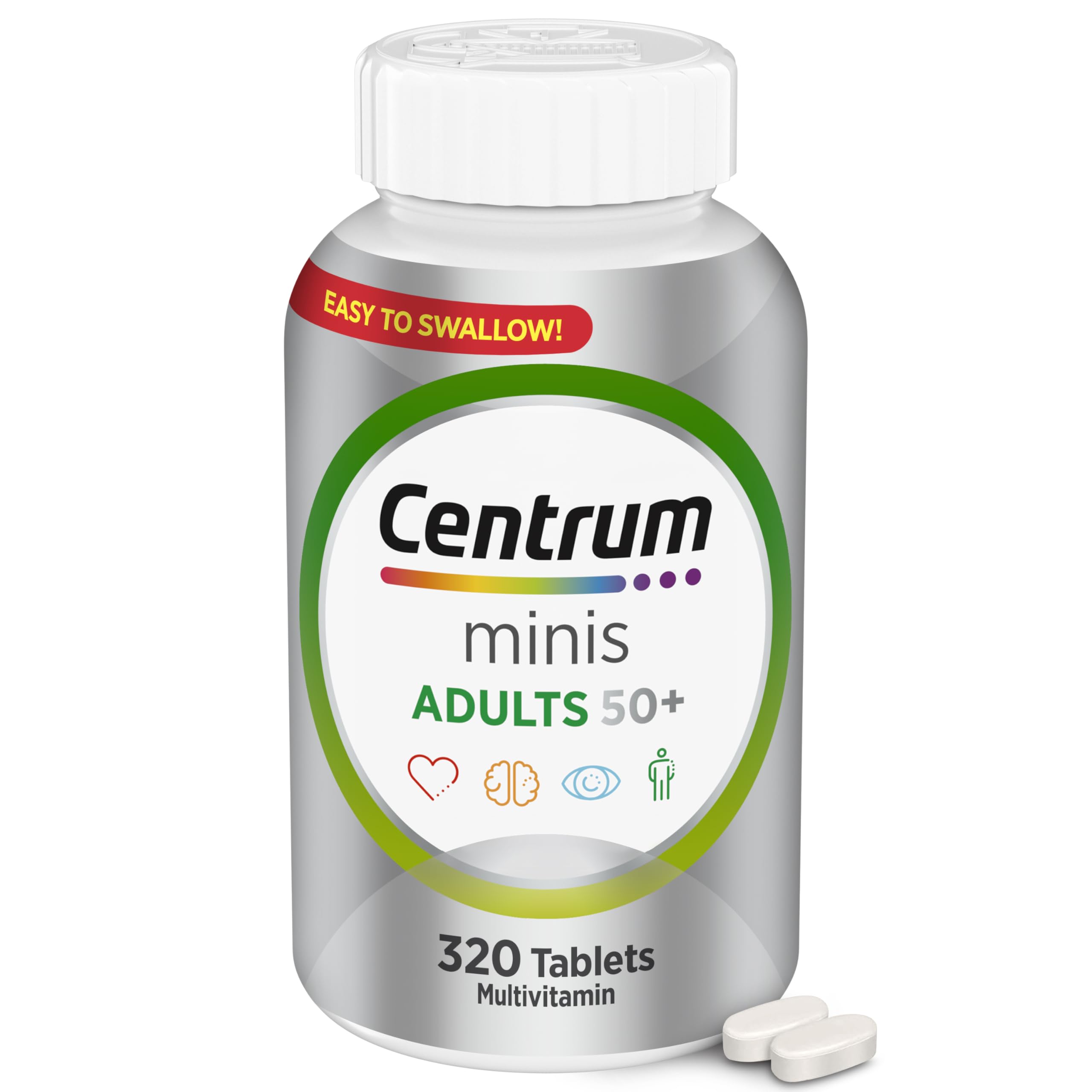 Centrum Minis Silver Multivitamin Tablet for Adults 50 Plus, Multimineral Supplement, Vitamin D3, B-Vitamins, Gluten Free, Non-GMO Ingredients, Supports Memory and Cognition in Older Adults - 320 Ct