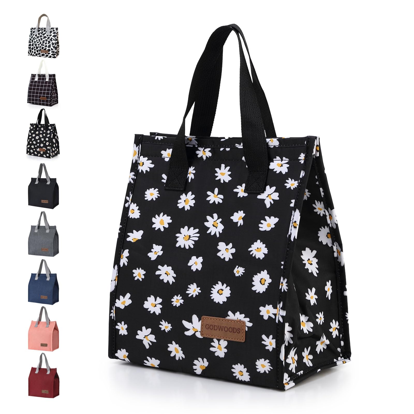 GODWOODS Insulated Lunch Bag for Women Men Large Lunch Box Container Reusable Leakproof Tote for Office, Work, Beach or Travel (Black Daisy)
