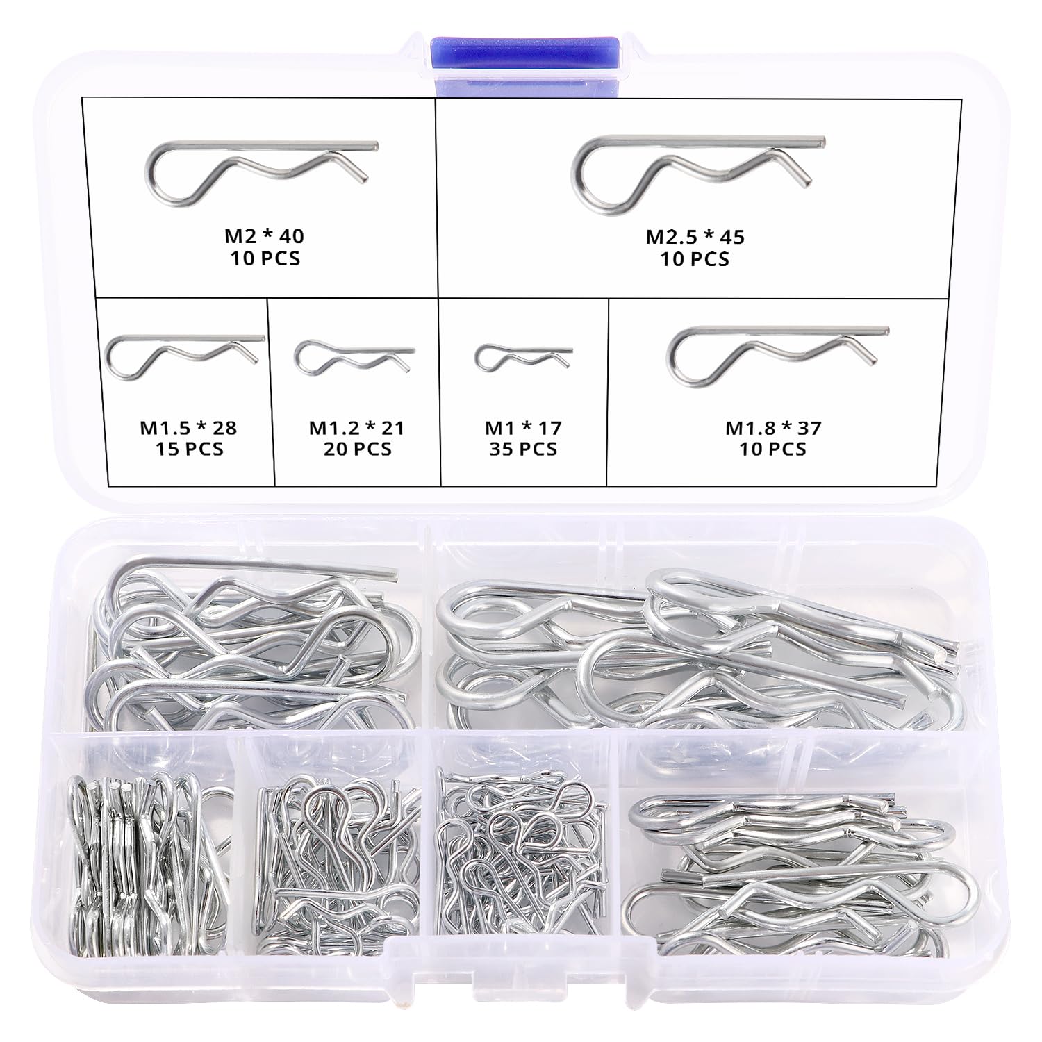 VooGenzek 100 PCS 6 Sizes Zinc Plated Cotter Pin Kit, R Clips Retaining Pins, Hitch Pin Assortment, for Automotive, Mechanics, Car Garage, Workshop