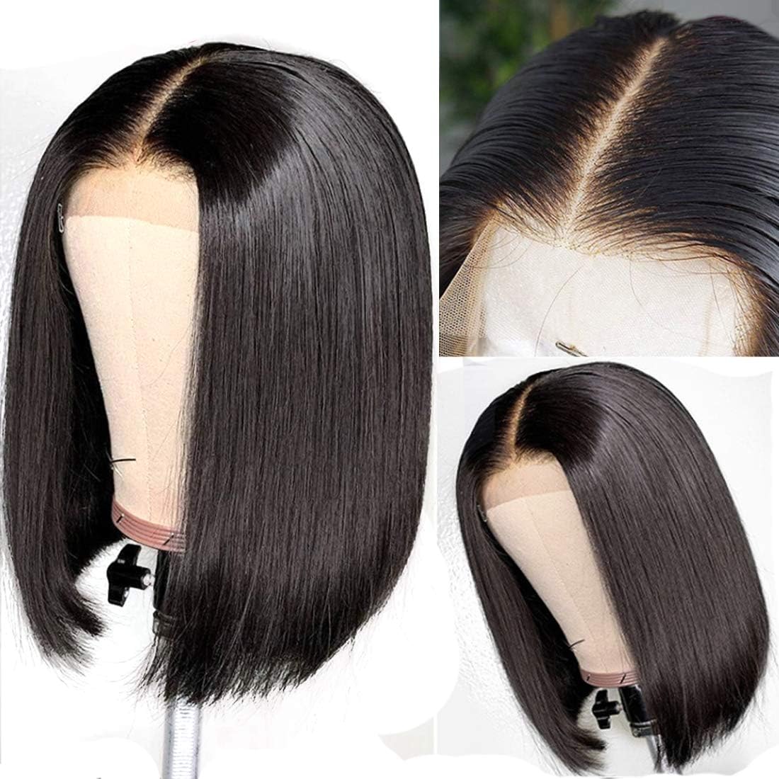 UNice Hair 13X6 Lace Front Human Hair Bob Wigs for Women, Unprocessed Brazilian Remy Hair Straight Wig Free Part Pre Plucked with Baby Hair, 150% Density Natural Black Color (14'')