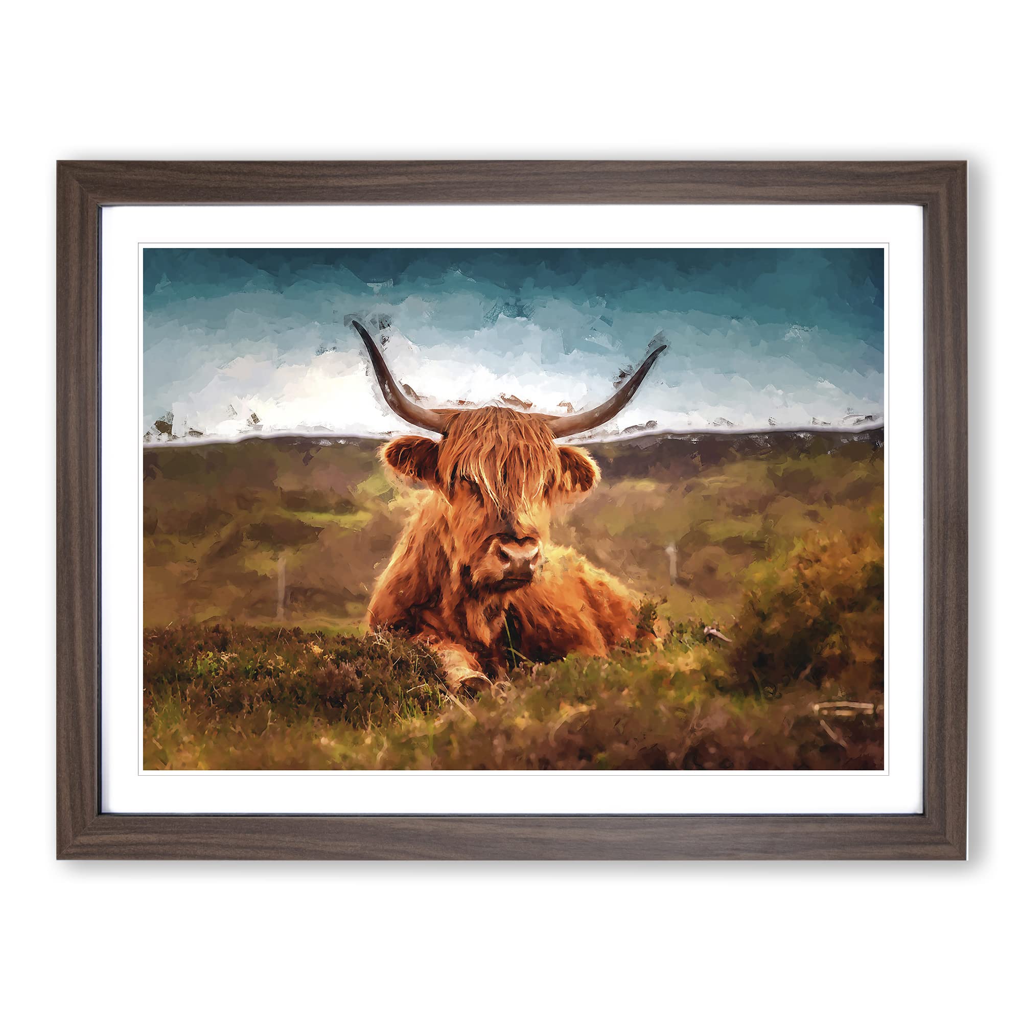 A Resting Highland Cow In Abstract Modern Art Framed Wall Art Print, Ready to Hang Picture for Living Room Bedroom Home Office Décor, Walnut A3 (46 x 34 cm)