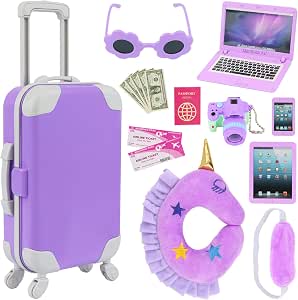Amazon.com: K.T. Fancy - Set de juego de 16 accesorios para muñecas de 18  pulgadas, con maleta de viaje, lentes de sol, cámara, computadora,  teléfono, cojín de viaje, antifaz, pasaporte, boletos, dinero,