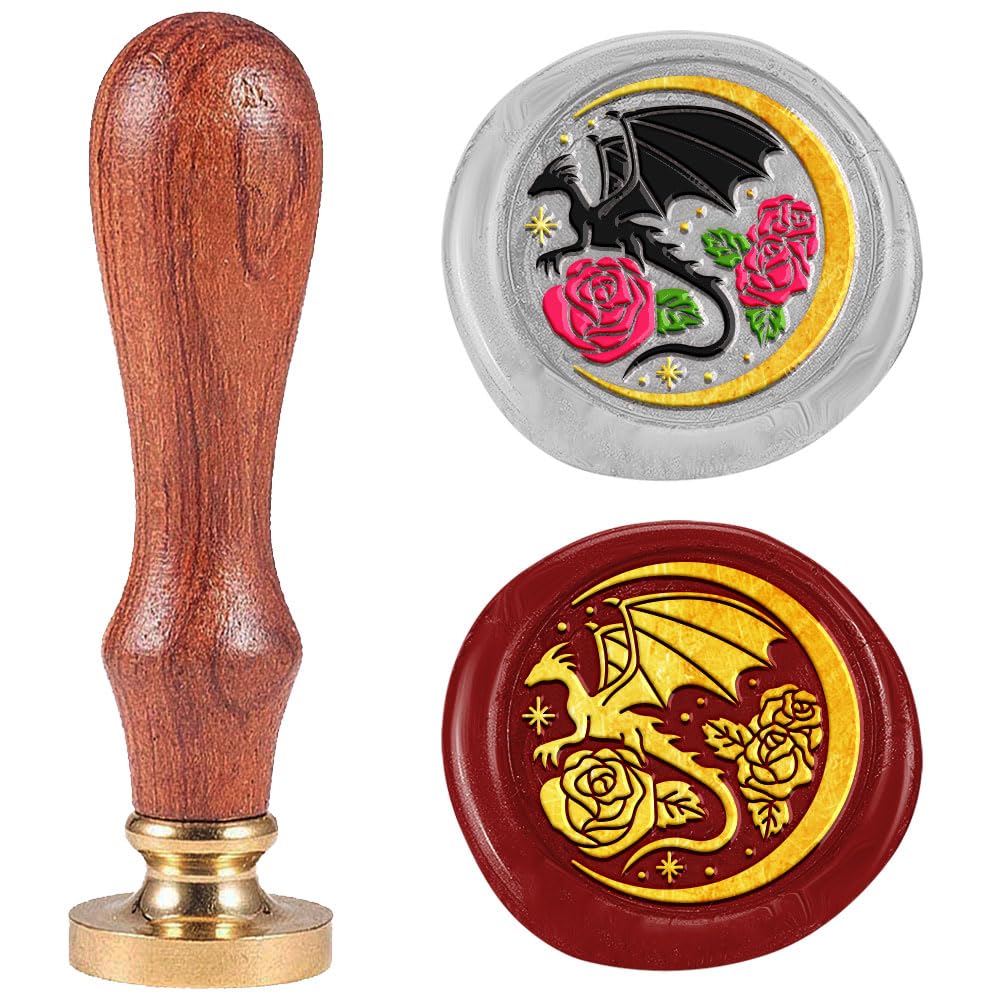 DELORIGIN 1" Wax Seal Stamp Dragon and Rose, Retro Sealing Stamps Removable Brass Head with Wooden Handle Novelty Seal Stamp Sealing Wax for Envelope Greeting Card Gift Letter Invitations Decoration