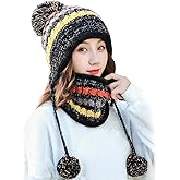 Women Winter Beanie Hat Circle Scarf Set Pompoms Peruvian Ski Snow Ear Flaps Cold Weather Warm Sherpa Knit Hats Fleece Lined
