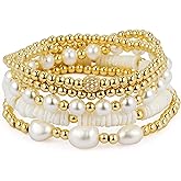Gold Bracelet Stack Bracelets For Women Trendy Gold Natural Stone Beaded Bracelets Stackable Bracelets For Women 14k Gold Plated Stretch Bead Ball Bracelet Hypoallergenic Non Tarnish
