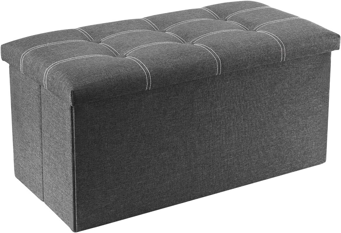 YOUDENOVA 30 inches Storage Ottoman Bench, Foldable Footrest Shoe Bench with 80L Storage Space, End of Bed Storage Seat, Support 350lbs, Linen Fabric Grey: Kitchen & Dining