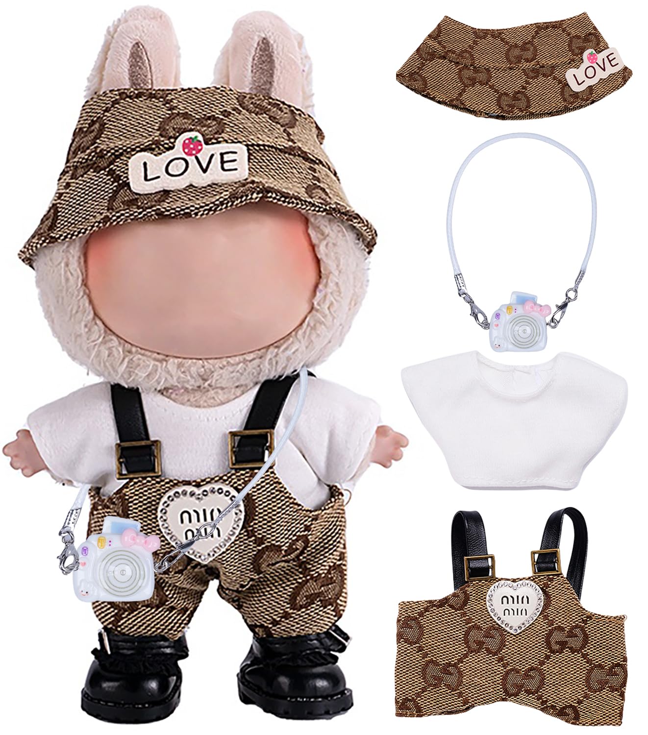 Photo 1 of Handcrafted 4 Piece 15cm/17cm Doll Clothes Set for Labubu Dolls (No Doll), Cute Brown Outfits Overalls Accessories with Top, Hat and Handbag for Boys Girls (No Shoes) AK060BR