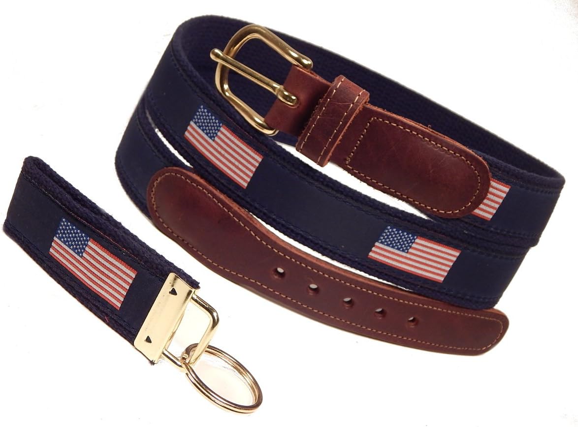 Preston Leather Classic Ribbon Belt, American Flag, Navy, Navy Web, Sizes 30 to 50, Free Matching Key Ring