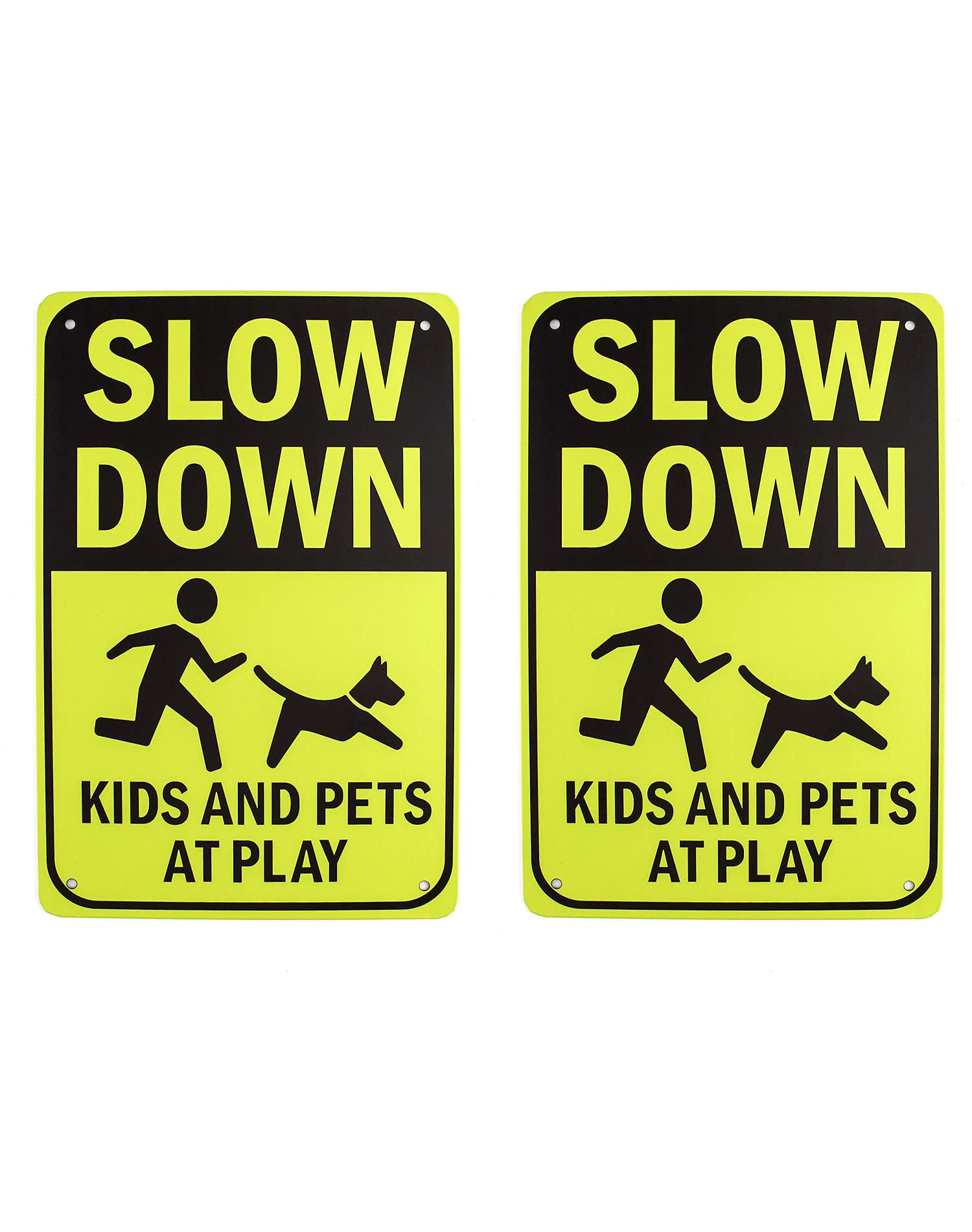 QWORK® Slow Down Sign, "Kids and Pets at Play" Street Sign Warning Plaque Waterproof Anti-Glare 8" x 12" (20 x 30 cm), 2 Pack