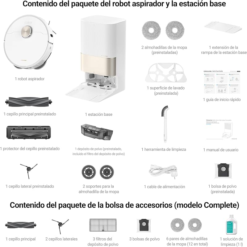X40 Ultra Complete Robot Aspirador y Fregasuelos, Succión de 12.000 Pa, con Mopa Extraíble y Elevable, 70℃ Fregona Autolimpiable, Cepillo Lateral Extensible y Elevable, Detección Suciedad
