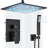 12 Inches Ceiling Mount Shower Faucets Sets Complete Shower System LED Rainfall Shower Head System Rough-in Valve Body and Trim Included Matte Black…