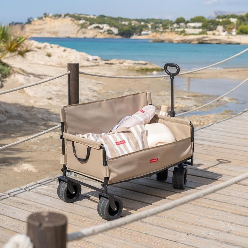 Carro Playa - Plegable con Ruedas - Giro 360º - Bolsa para Protección - Poliéster y Acero - 57x99x73cm - Beige