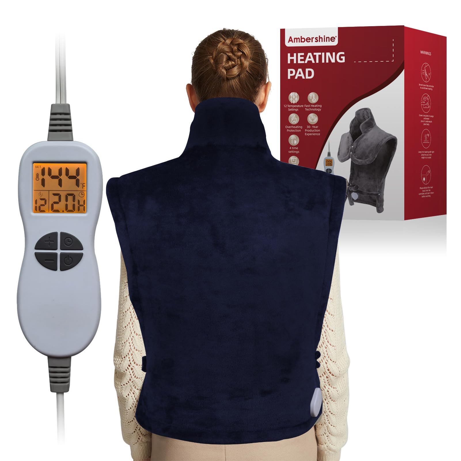 Photo 1 of Ambershine 26"x35" XXXL King Size Neck& Shoulder& Back Heating Pad with 12 Temperature Settings& 4 Auto-Off Countdown Timers, Pain Relief for Back/Neck/Shoulder, Christmas Gift for mom dad(Navy Blue)