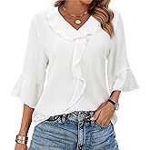 siliteelon Blouses for Women Dressy Casual 3/4 Sleeve Ruffle Bell Top Ladies Business Work Shirt Fashion Clothing Trendy